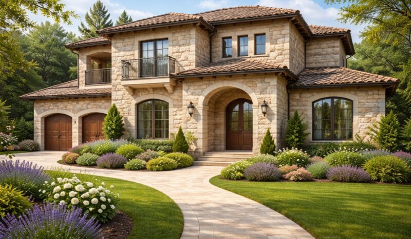 Porodična kuća sa dvorištem i spoljašnjim zidovima obloženim travertino kamenom, sa uređenim vrtom i stazom ispred ulaza