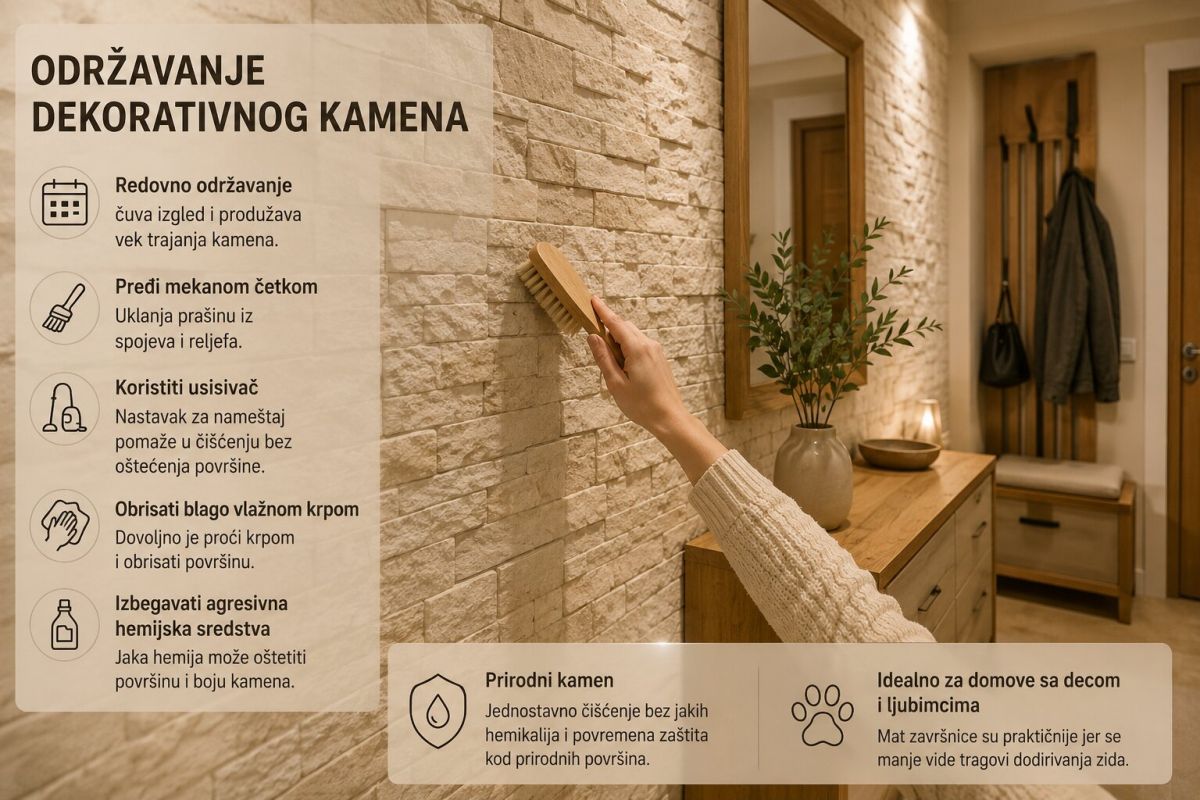 Infografik o održavanju dekorativnog kamena u hodniku, sa prikazom čišćenja kamenog zida mekanom četkom i savetima za negu površine