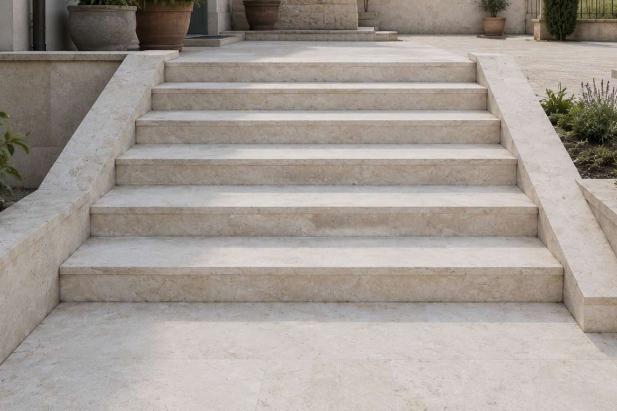 prikaz spoljnih stepenice od svetlog travertina u dvorištu